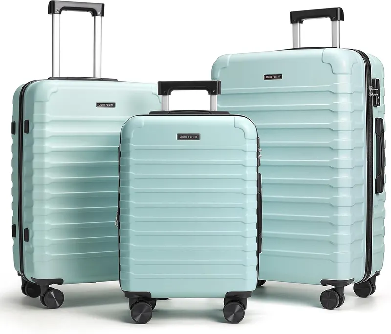 LIGHT FLIGHT 3 Piece Durable Suitcase Set with Spinner Wheels, Mint Green