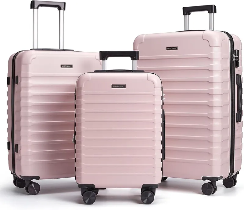 LIGHT FLIGHT 3 Piece Durable Suitcase Set with Spinner Wheels, Pink
